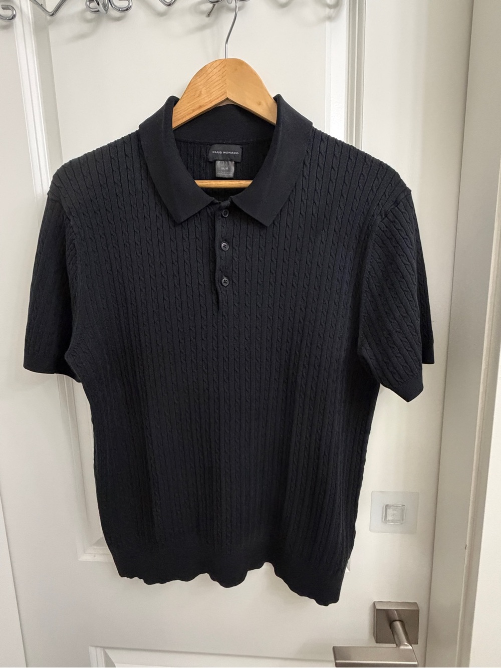Club Monaco Black Cable-Knit Short Sleeve Polo